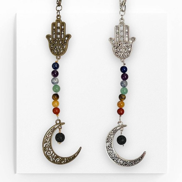 Handmade 7 Chakra Car Ornament Charm Moon Hamsa Natural Stone Protection Balance - Picture 4 of 11